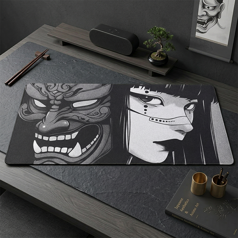 Desk Setup Black And White - Japanese Oni Mask Anime Mouse Pad