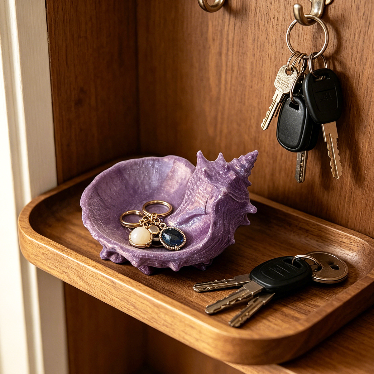 Desk Setup Organizer - Pearlescent Purple Conch-Shaped Storage Tray, Home